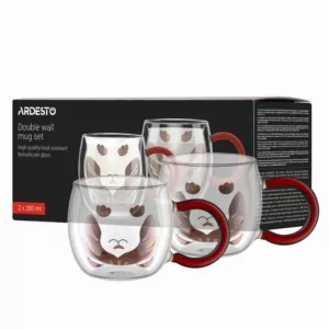 ARDESTO Double wall mug set Animals 280ml, 2pcs, borosilicate glass, transparent