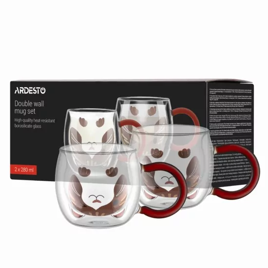 ARDESTO Double wall mug set Animals 280ml, 2pcs, borosilicate glass, transparent