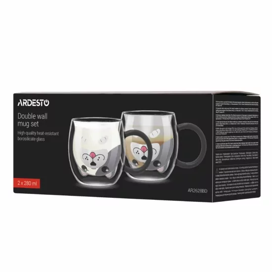 ARDESTO Double wall mug set Animals 280ml, 2pcs, borosilicate glass, transparent