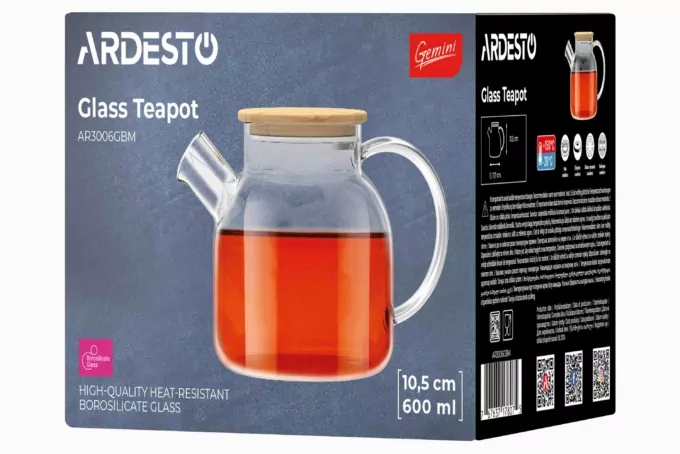 ARDESTO Teapot Gemini 600ml, borosilicate glass, bamboo, transparent