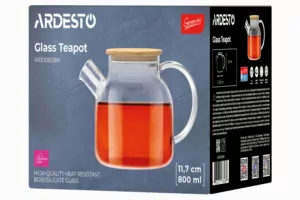 ARDESTO Teapot Gemini 800ml, borosilicate glass, bamboo, transparent