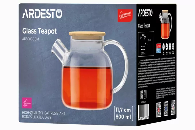 ARDESTO Teapot Gemini 800ml, borosilicate glass, bamboo, transparent
