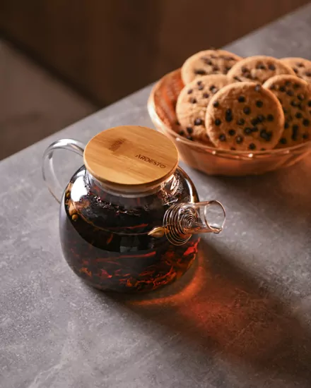 ARDESTO Teapot Gemini 800ml, borosilicate glass, bamboo, transparent