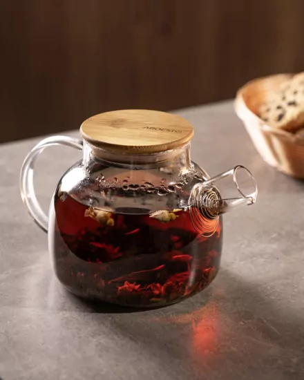 ARDESTO Teapot Gemini 1000ml, borosilicate glass, bamboo, transparent
