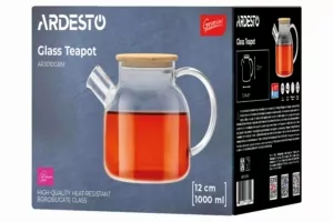 ARDESTO Teapot Gemini 1000ml, borosilicate glass, bamboo, transparent