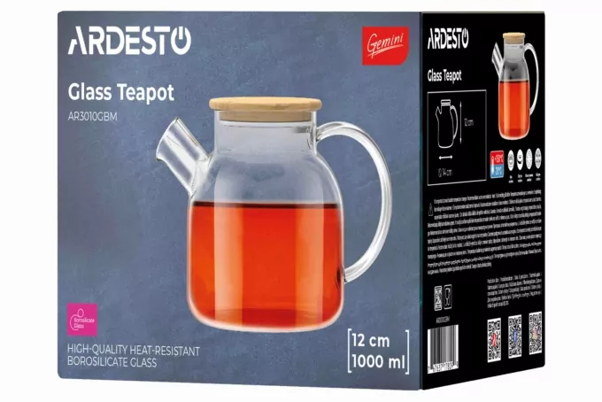 ARDESTO Teapot Gemini 1000ml, borosilicate glass, bamboo, transparent