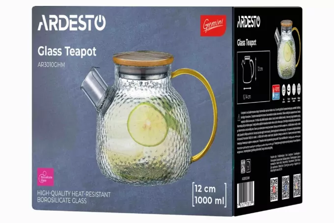 ARDESTO Teapot Gemini Dew 1000ml, borosilicate glass, bamboo, transparent