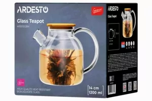 ARDESTO Teapot Gemini 1200ml, borosilicate glass, bamboo, transparent