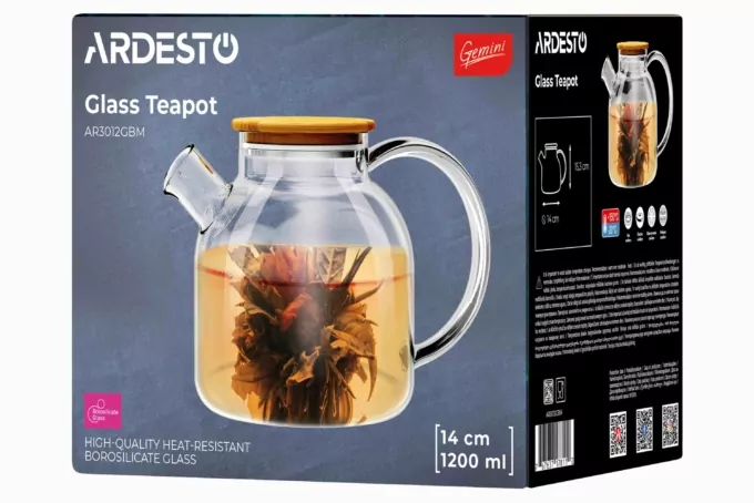 ARDESTO Teapot Gemini 1200ml, borosilicate glass, bamboo, transparent