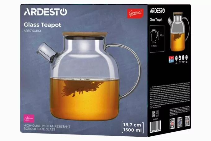 ARDESTO Teapot Gemini 1500ml, borosilicate glass, bamboo, transparent