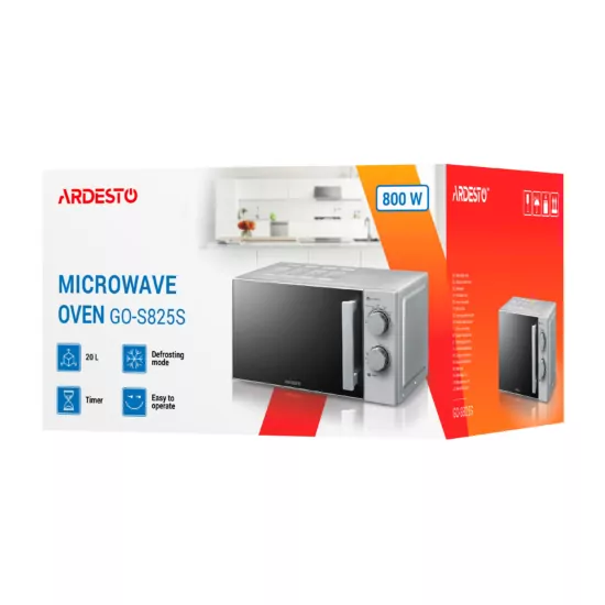 ARDESTO Микроволновая печь, 20л, мех. управл., 800Вт, откр.ручкой, серебристый