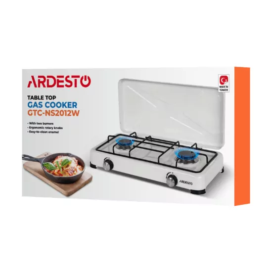ARDESTO Gas Cooktop GTC-NS2012W, gas type LPG, 2 alum. burners, enamel body, painted grid, top lid, color: white