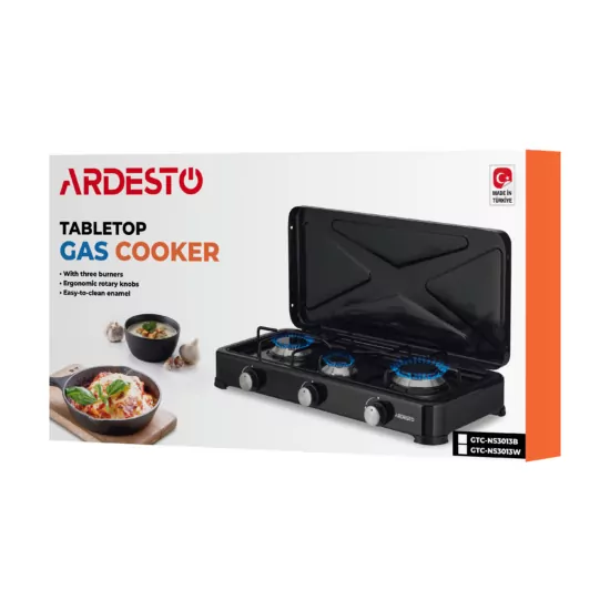 ARDESTO Gas Cooktop GTC-NS3013W, gas type LPG, 3 alum. burners, enamel body, painted grid, top lid, color: white