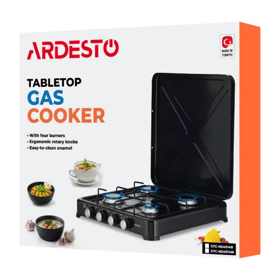 ARDESTO Gas Cooktop GTC-NS4014W, gas type LPG, 4 alum. burners, enamel body, painted grid, top lid, color: white