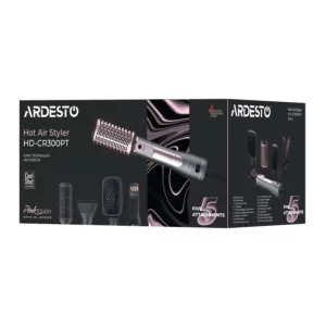 ARDESTO Hair Dryer Brush Pink Touch, 1200W, 2 speeds, 2 temperature settings, ionization, LED-display, 4 attachments, gray+pink