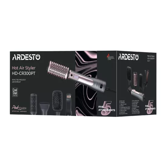 ARDESTO Hair Dryer Brush Pink Touch, 1200W, 2 speeds, 2 temperature settings, ionization, LED-display, 4 attachments, gray+pink