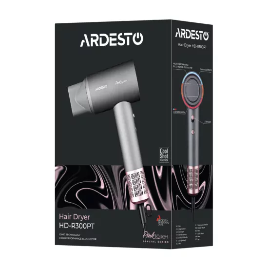 ARDESTO Hair Dryer Pink,1600W, 2 speeds, 3 temperature settings, ionization, diffuser, magnetic attachments, gray+pink