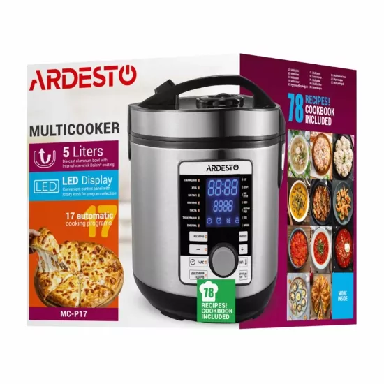 ARDESTO Мультиварка MC-P17, 860Вт, чаша-5л, электронное управл., книга рецептов, нерж. сталь+пластик, сереботстая