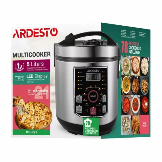 ARDESTO Multicooker MC-P21, 860W, bowl-5L, electronic control, recipes book, inox+plastic, silver