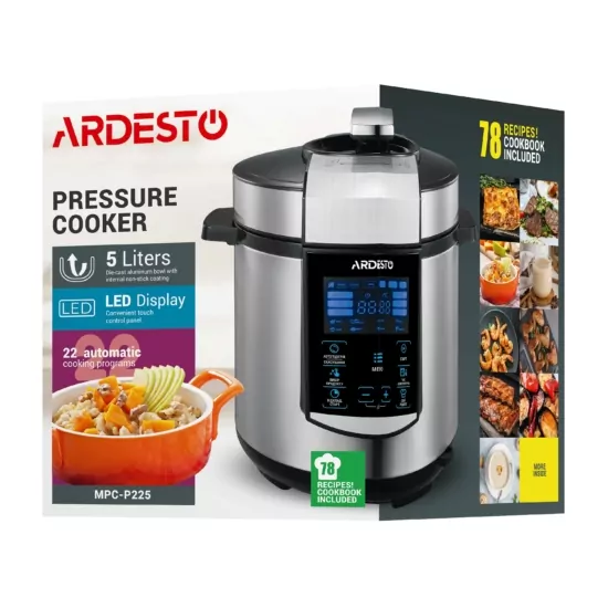 ARDESTO Мультиварка-скороварка MPC-P225, 900Вт, чаша-5л, электронное управл., книга рецептов, нерж. сталь+пластик, серебристая