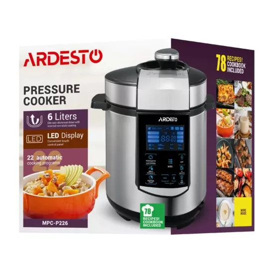 ARDESTO Multicooker-pressure cooker MPC-P226, 900W, bowl-6L, electronic control, recipes book, inox+plastic, silver