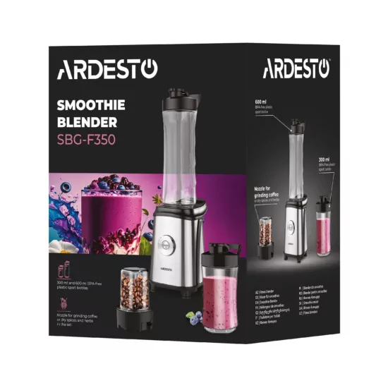 ARDESTO Blender for smoothies BG-F350, 350W, 2in1, bottle-600ml, bottle-300ml, coffee grinder, black+silver