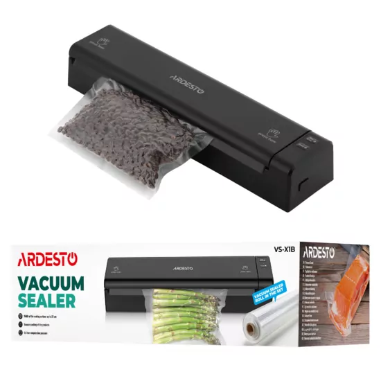 ARDESTO Vacuum Sealer for rolls and packages, 110W, 28сm, electronic control, +1 roll, plastic, black