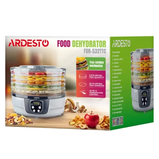 ARDESTO Dryer for products FDB-532TTC, 250W, pallets -5x3cm, diameter-32cm, max-70°С, timer, electronic control, plastic, white
