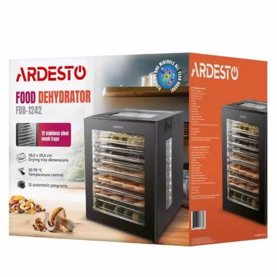 ARDESTO Dryer for products FDB-1242, 850W, pallets -12x3cm, max-70°С, timer, electronic control, stainless steel, black